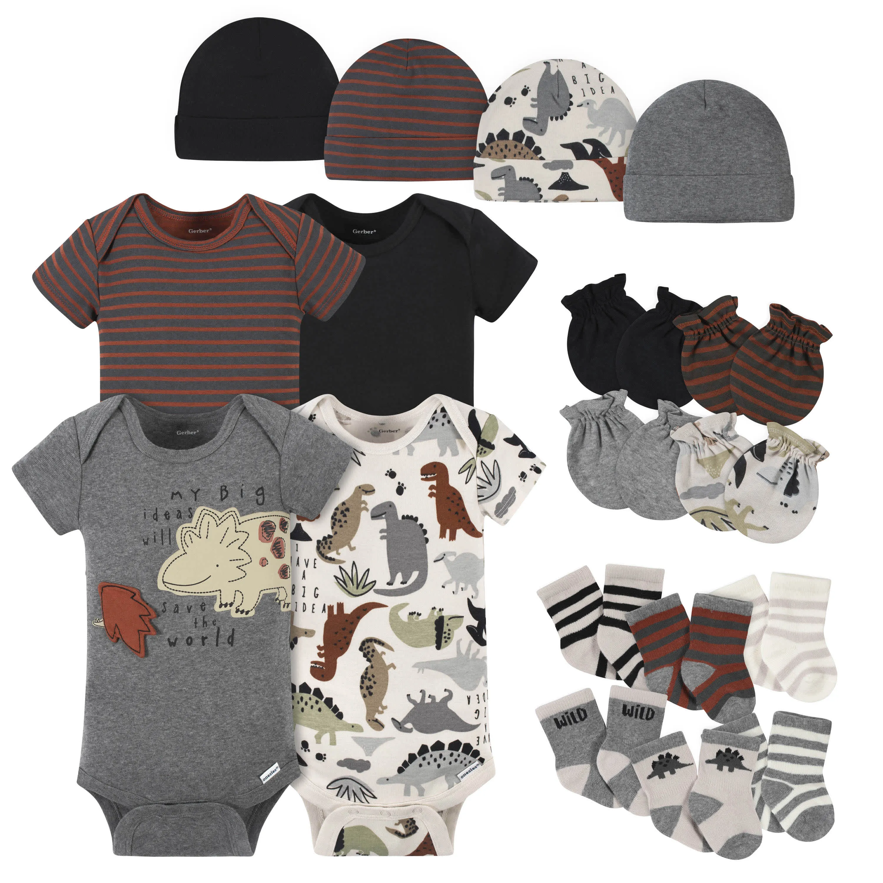 Baby Boys Dino Onesies Bodysuit, Mitten, Cap, & Sock Set