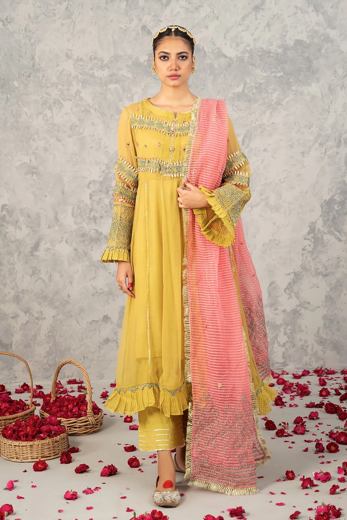 Embroidered Poly Net Shirt with Net Dupatta and Trouser CMA22-56 (MUSTARD)