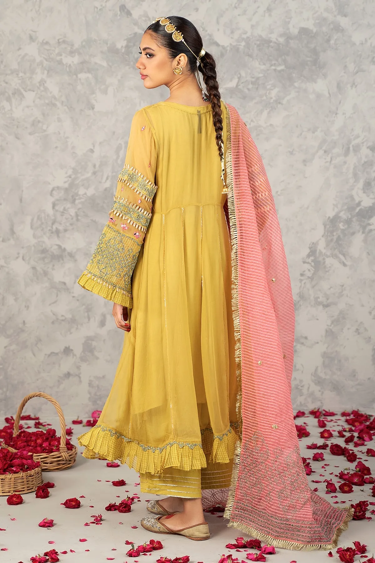 Embroidered Poly Net Shirt with Net Dupatta and Trouser CMA22-56 (MUSTARD)