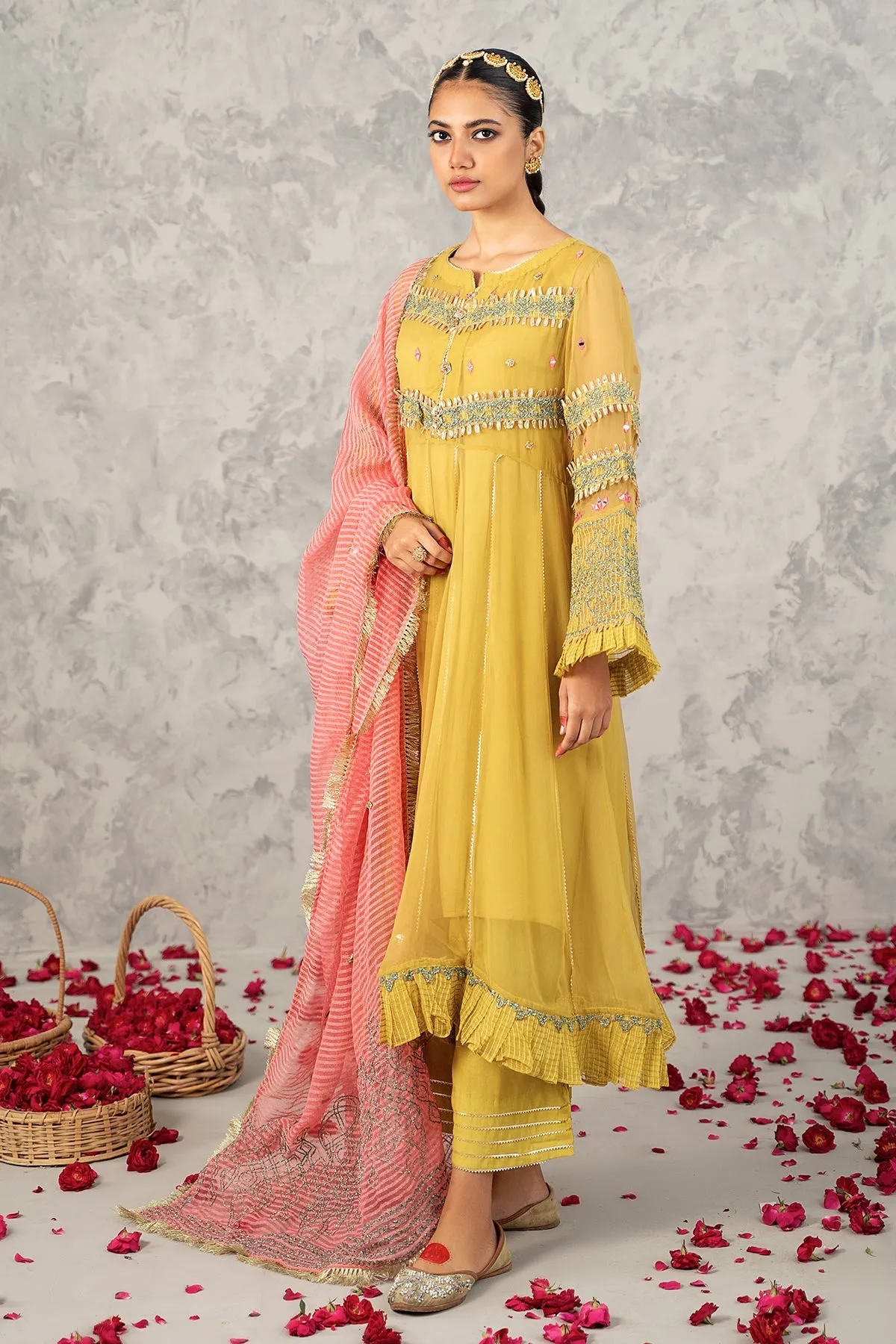 Embroidered Poly Net Shirt with Net Dupatta and Trouser CMA22-56 (MUSTARD)