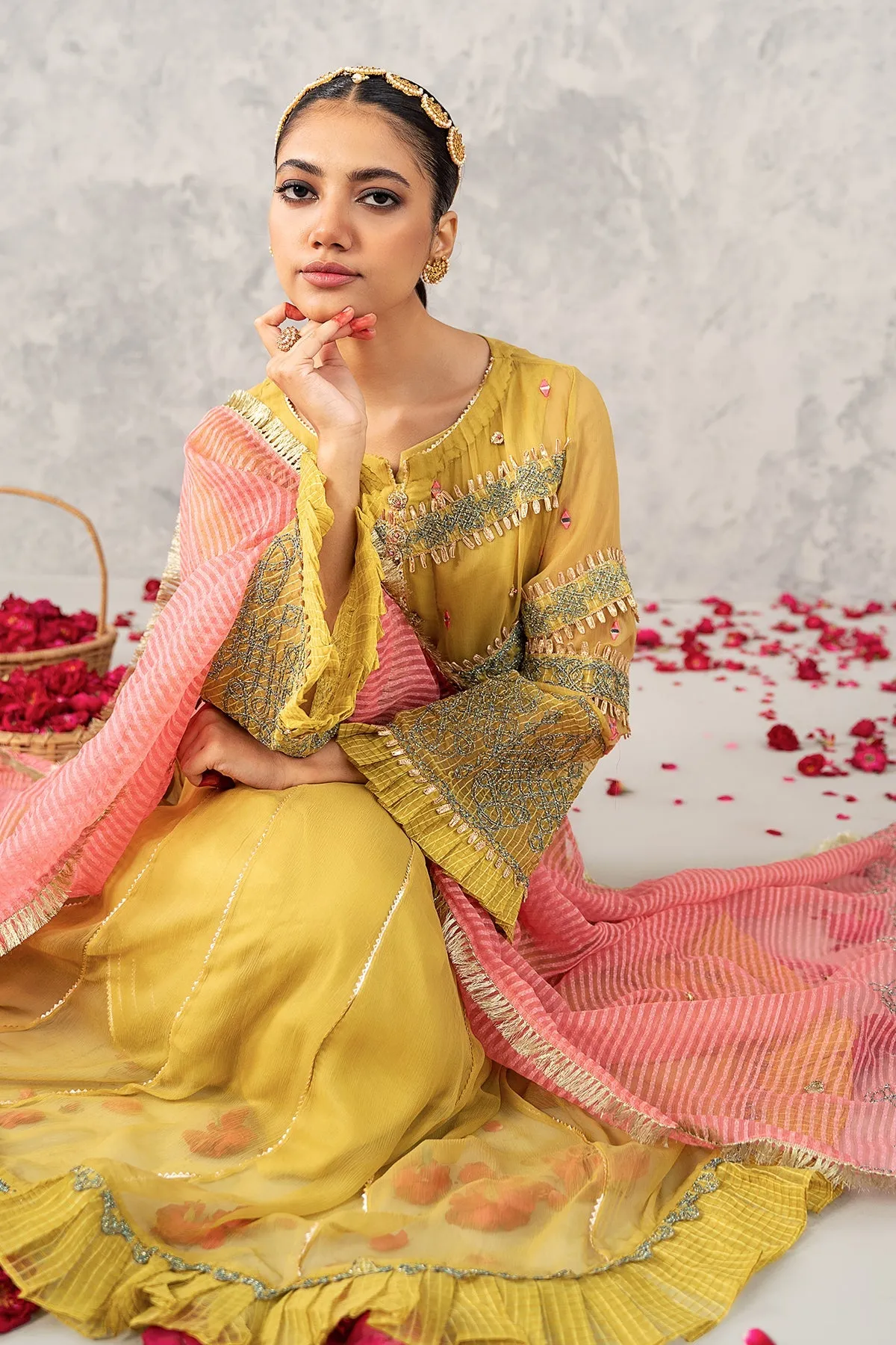 Embroidered Poly Net Shirt with Net Dupatta and Trouser CMA22-56 (MUSTARD)