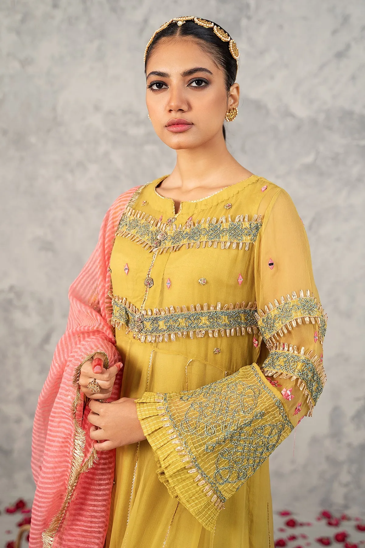 Embroidered Poly Net Shirt with Net Dupatta and Trouser CMA22-56 (MUSTARD)