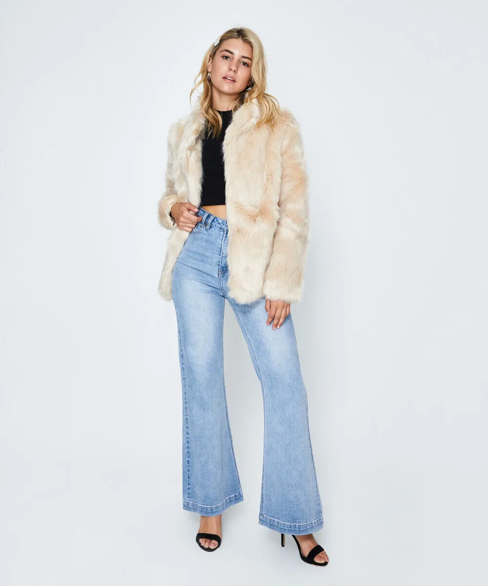 Stylish Sammy Beige Faux Fur Coat