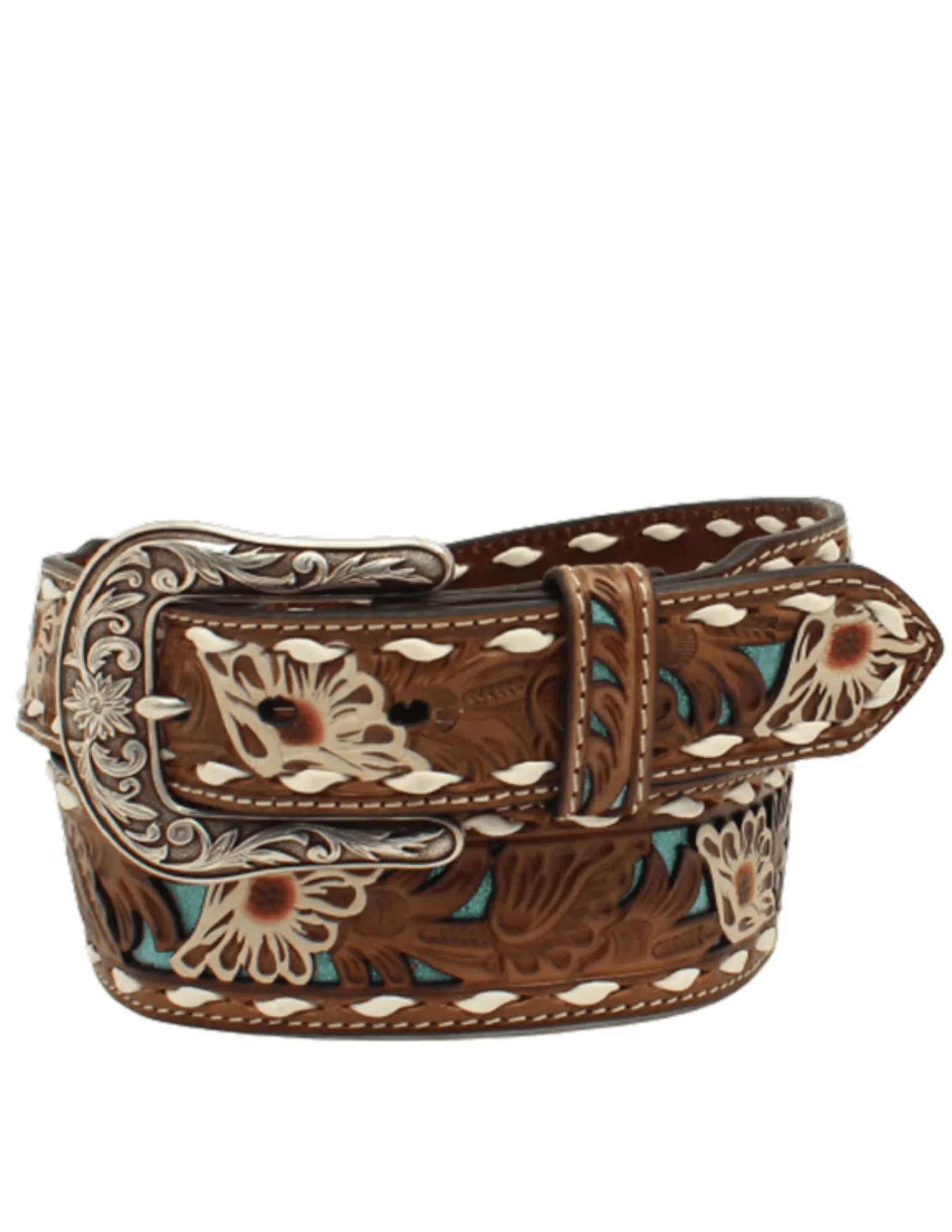 Ariat Womens Floral Pierced Lacing Brown Leather Belt