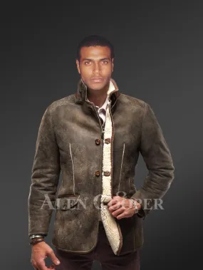 Men's Shearling Sheepskin Coat with Collared Neck