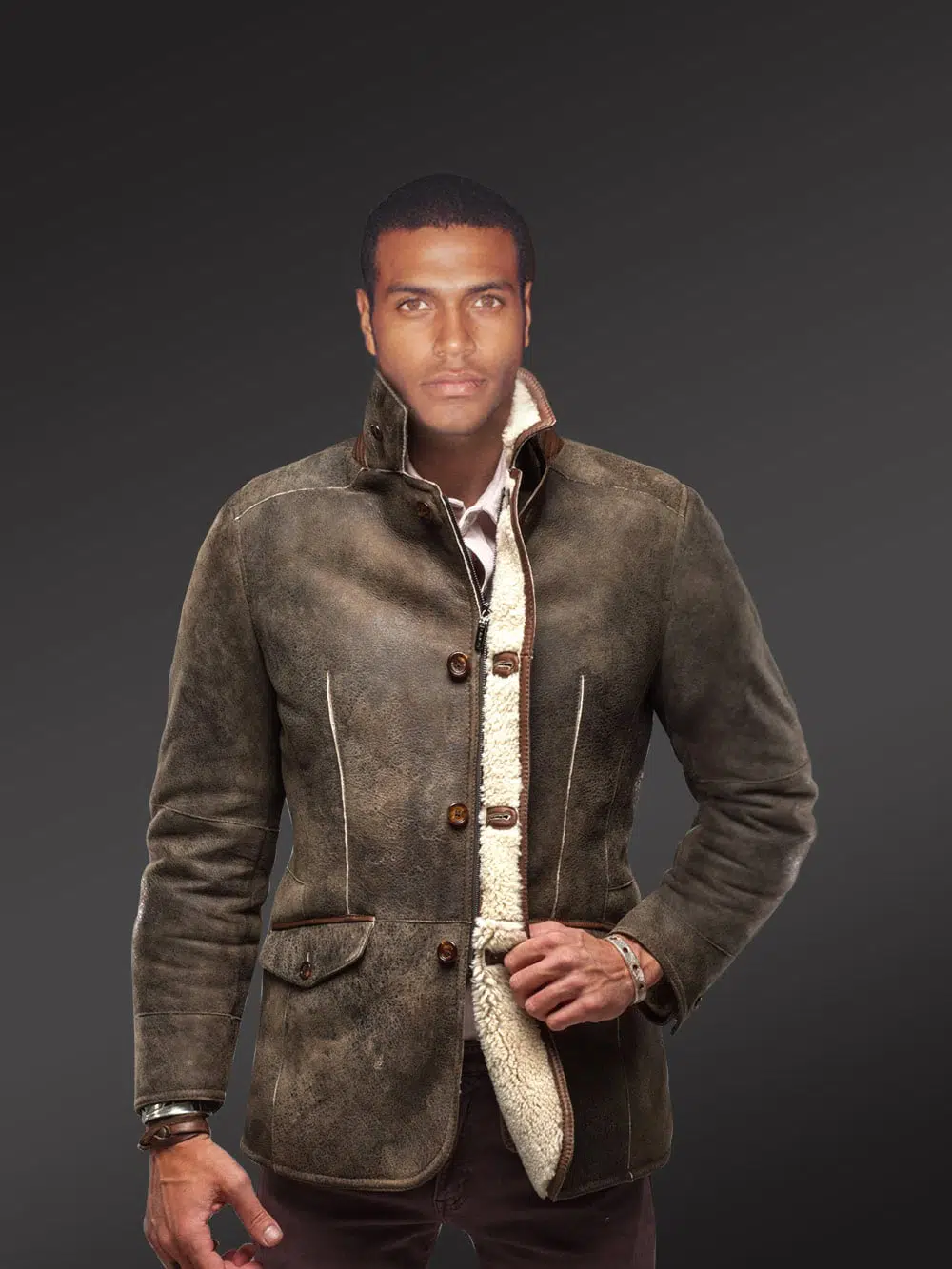 Men's Shearling Sheepskin Coat with Collared Neck