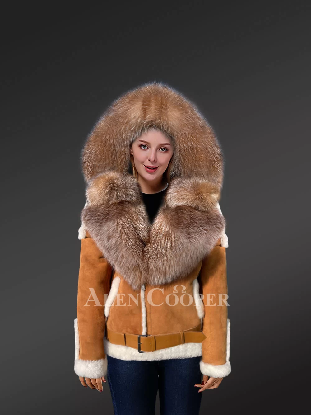 Authentic Women's Shearling Coat With Crystal Fox Fur Detailing