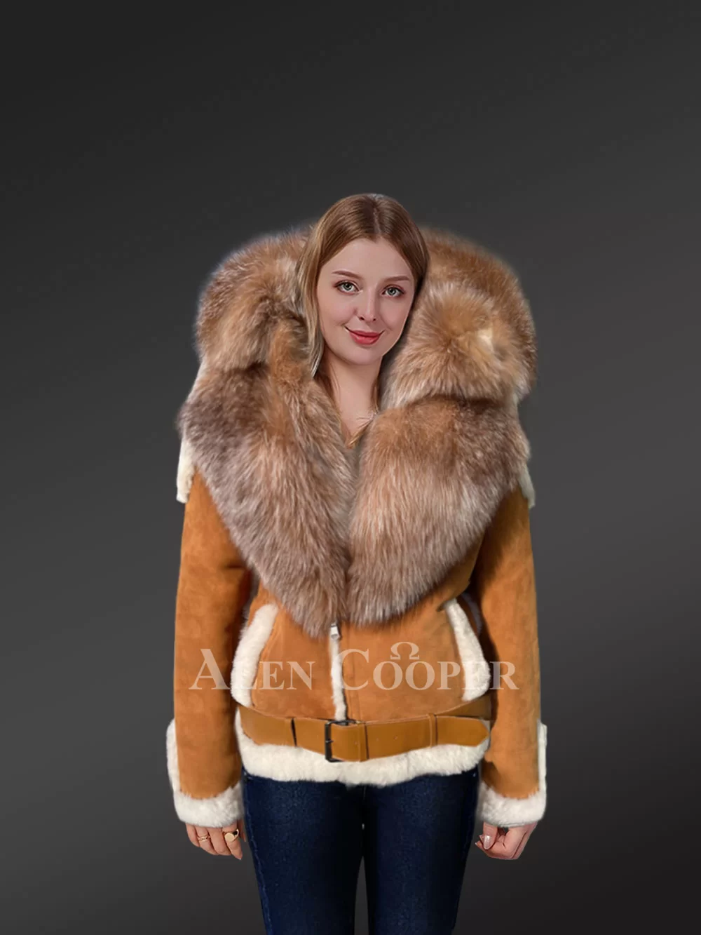 Authentic Women's Shearling Coat With Crystal Fox Fur Detailing