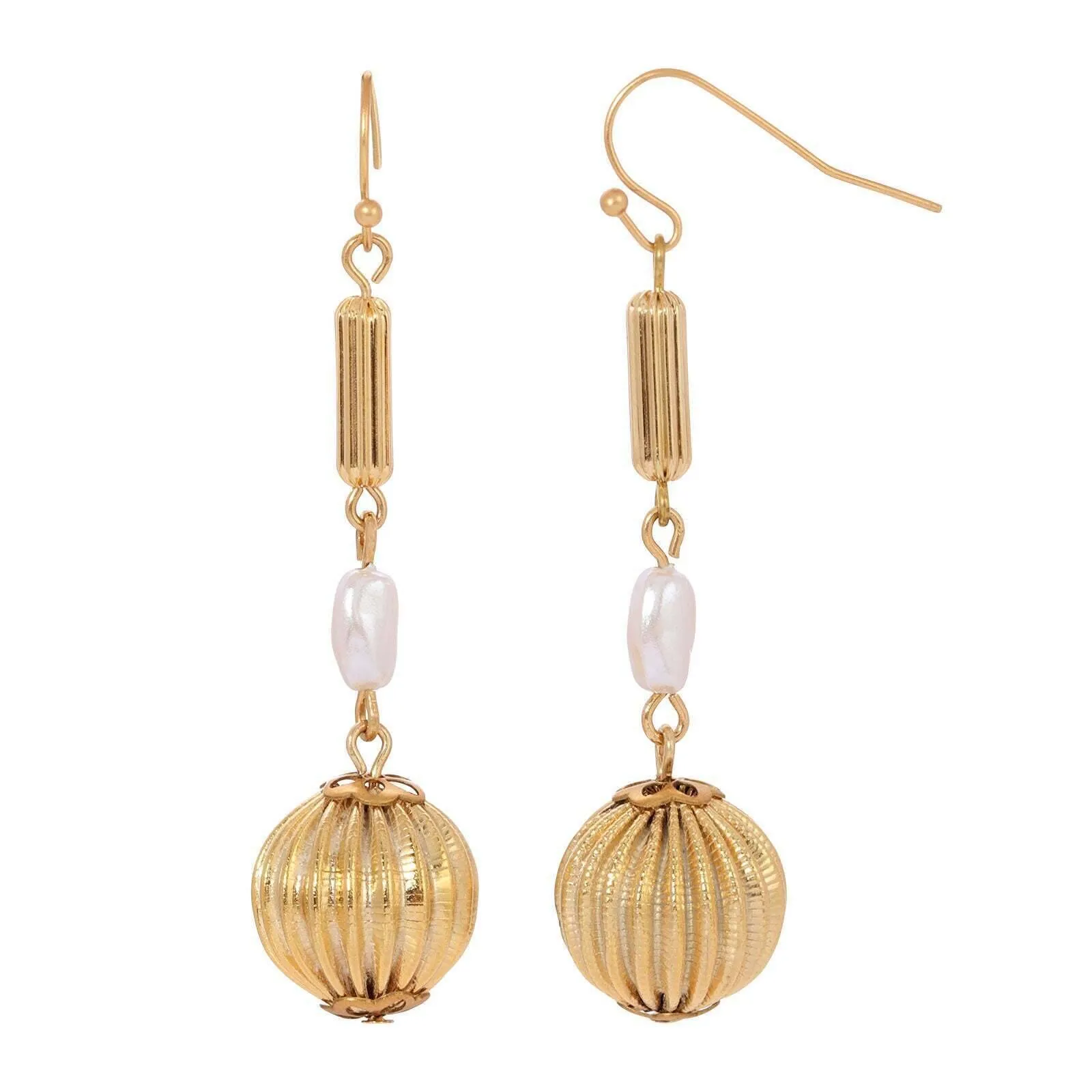 Stylish 1928 Jewelry Biwa Faux Pearl Round Fluted Bead Earrings