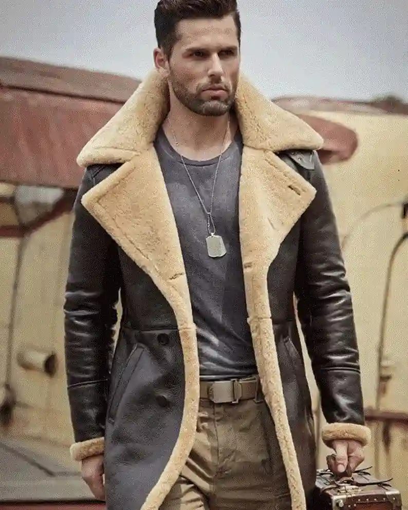 Brown Shearling Leather Long Coat;