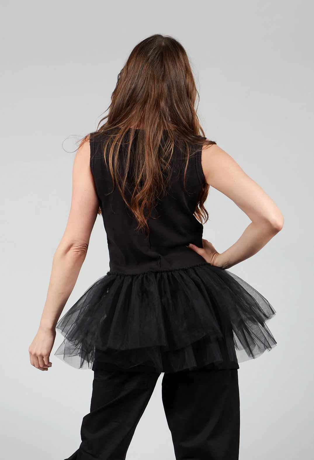 Black Vest Top with Net Peplum