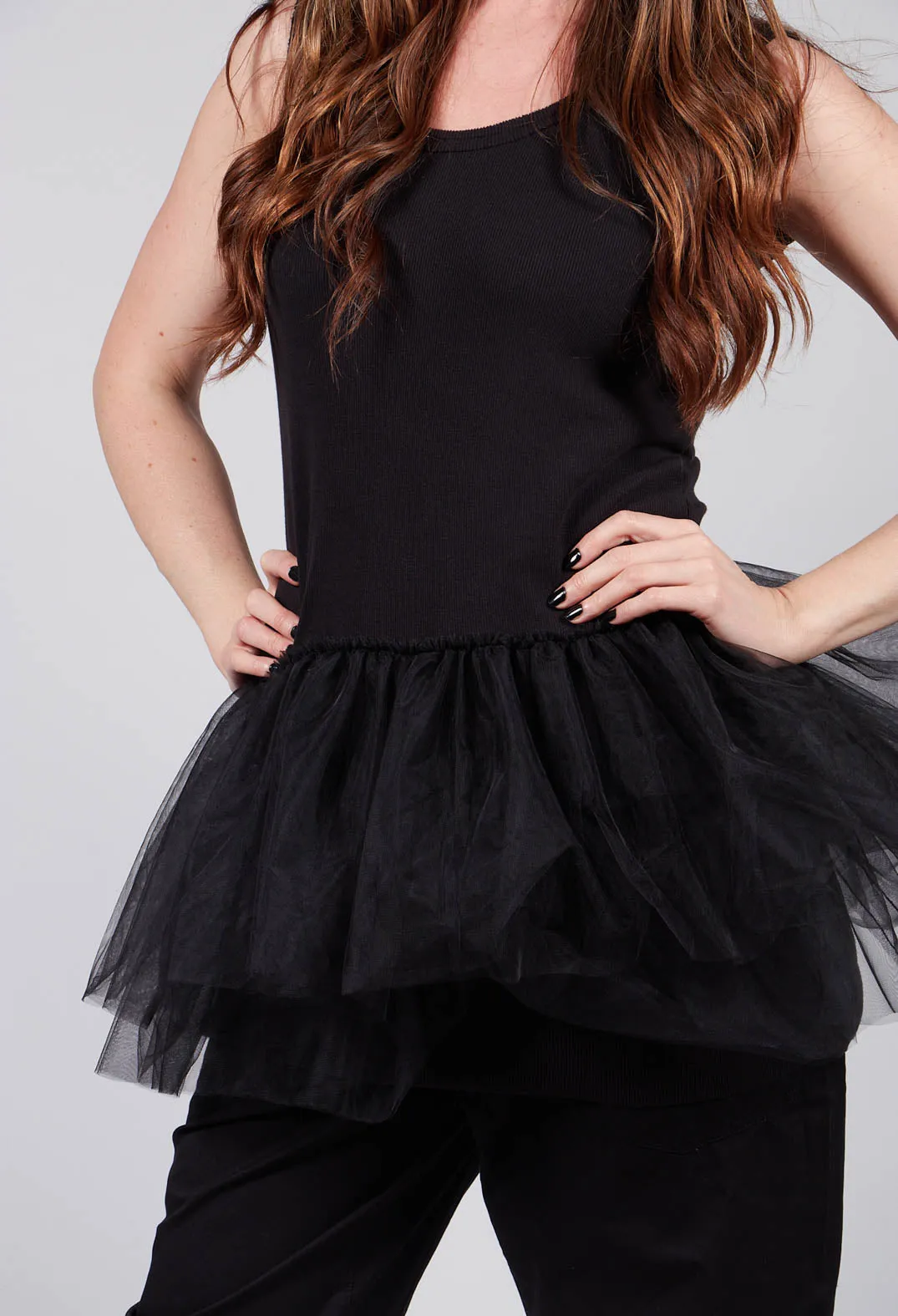 Black Vest Top with Net Peplum