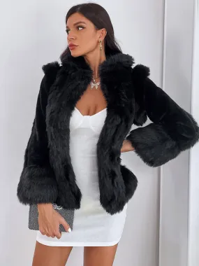 Black Winter Fur Coat with Stand Collar