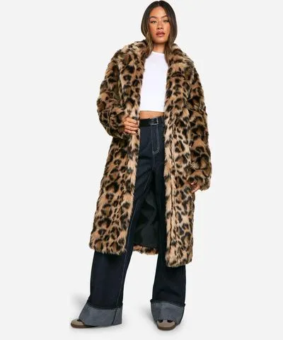 Boohoo Women's Tall Leopard Faux Fur Coat