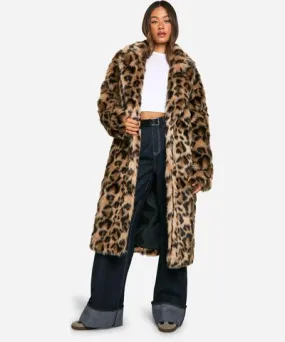 Boohoo Women's Tall Leopard Faux Fur Coat