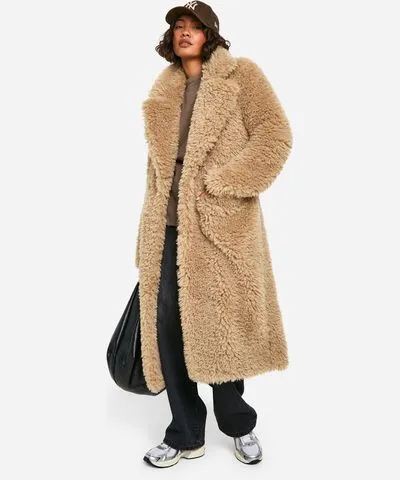 Boohoo Women's Tall Teddy Midaxi Faux Fur Coat