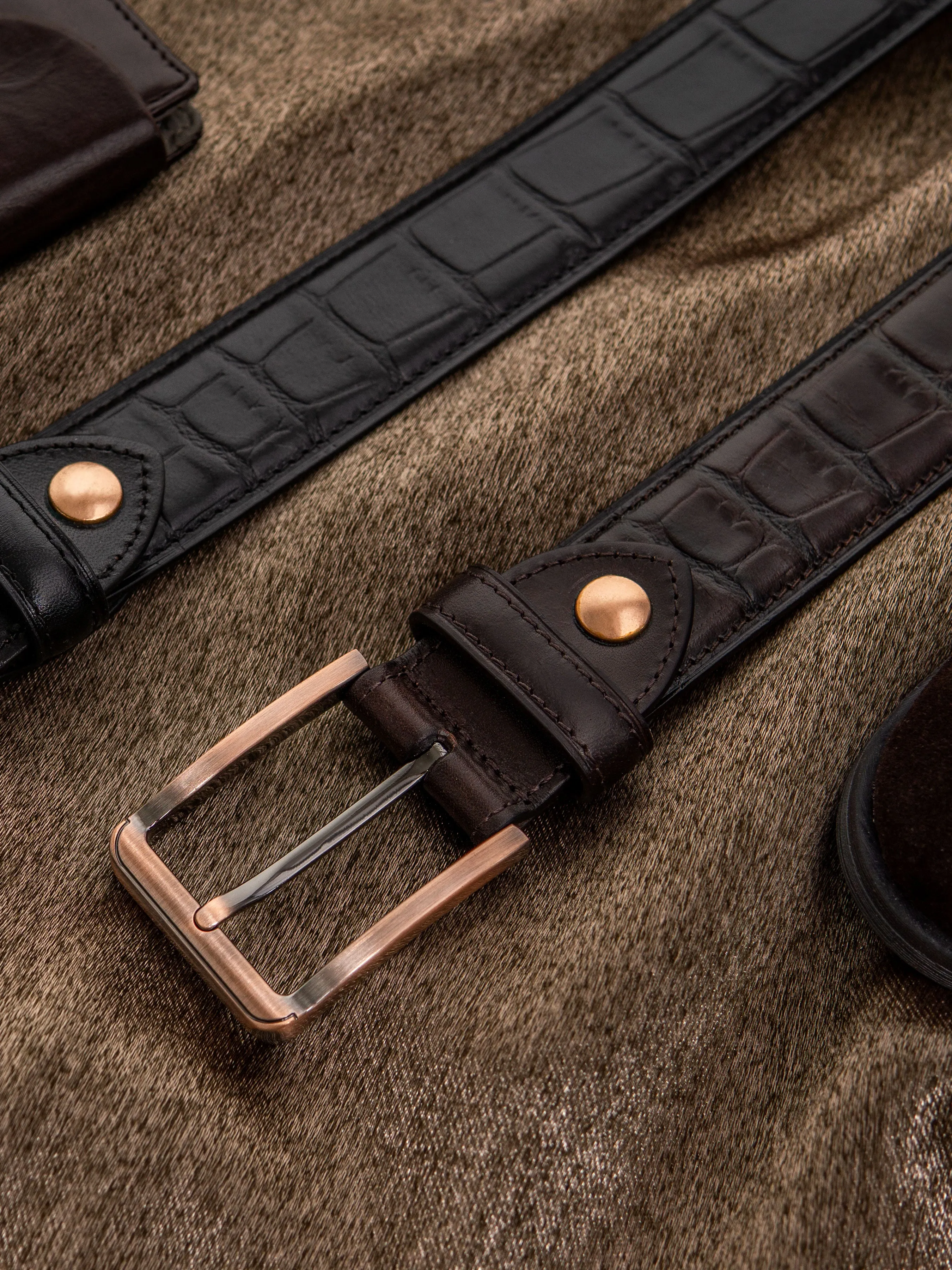 Copper-toned Buckle Croco Leather Belt