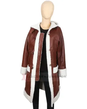 Brown Leather Shearling Hooded Jacket