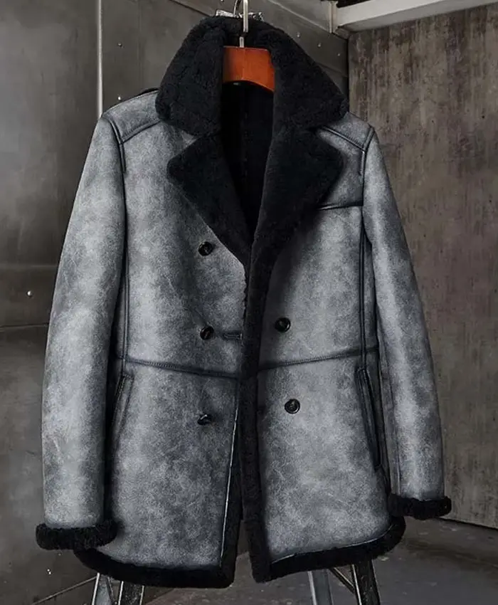 Black Grey Double Breasted Shearling Coat;