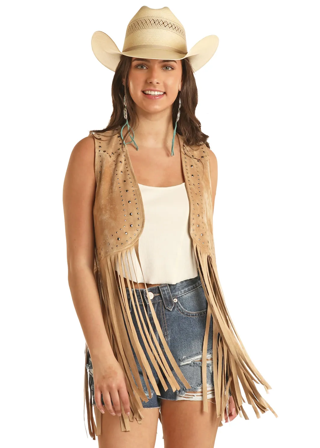 Camel studded fringe vest