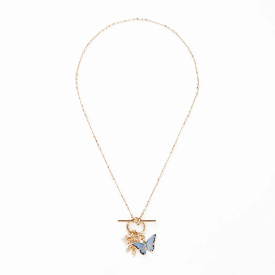 Charm Necklace with Enamel Blue Butterfly and Leaf Detail