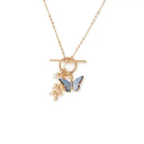 Charm Necklace with Enamel Blue Butterfly and Leaf Detail