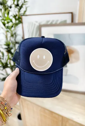 Happy Trucker Hat in Navy with Natural Style