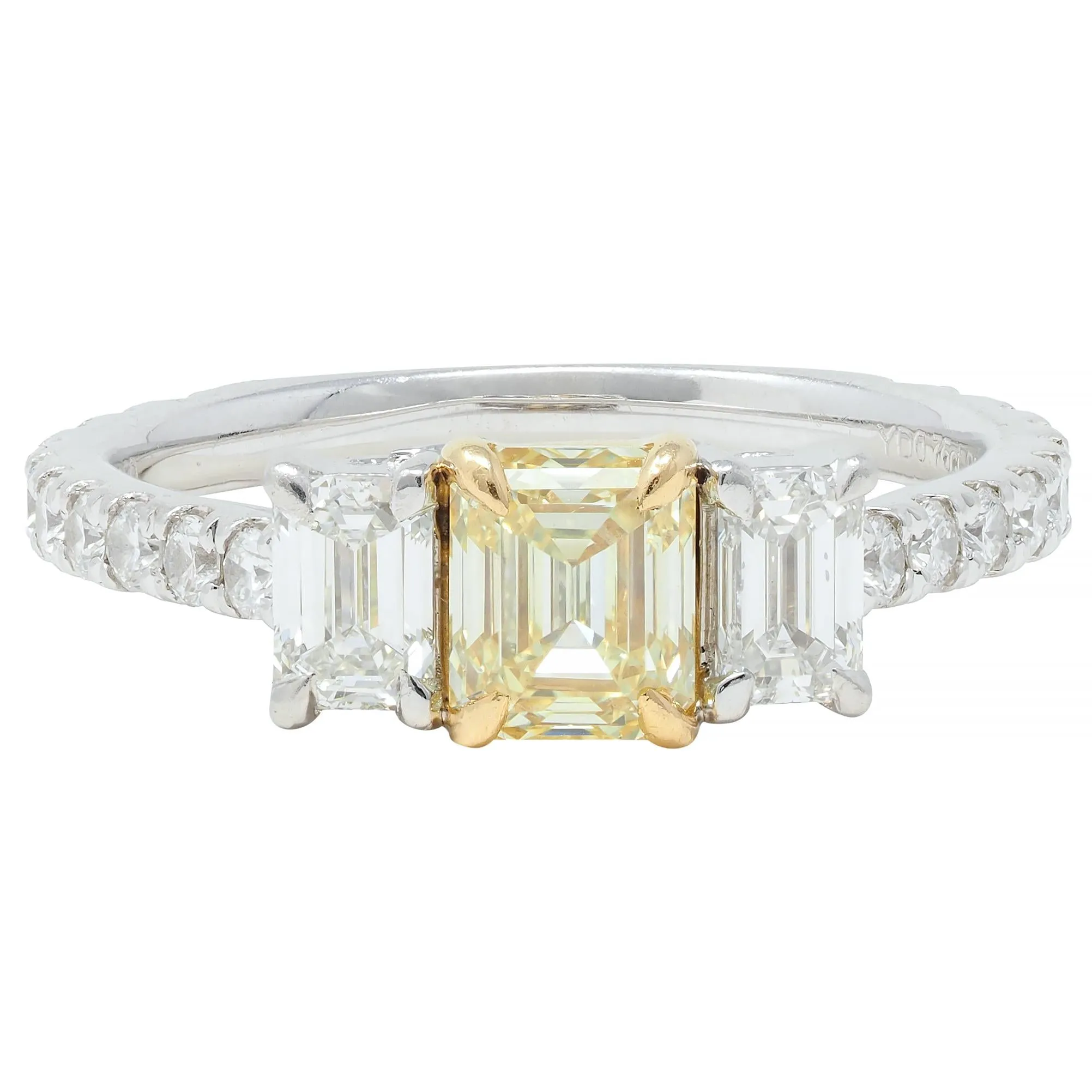 Contemporary Numerical 18K Platinum Fancy Yellow Emerald Cut Diamond Engagement Ring 1.61 CTW