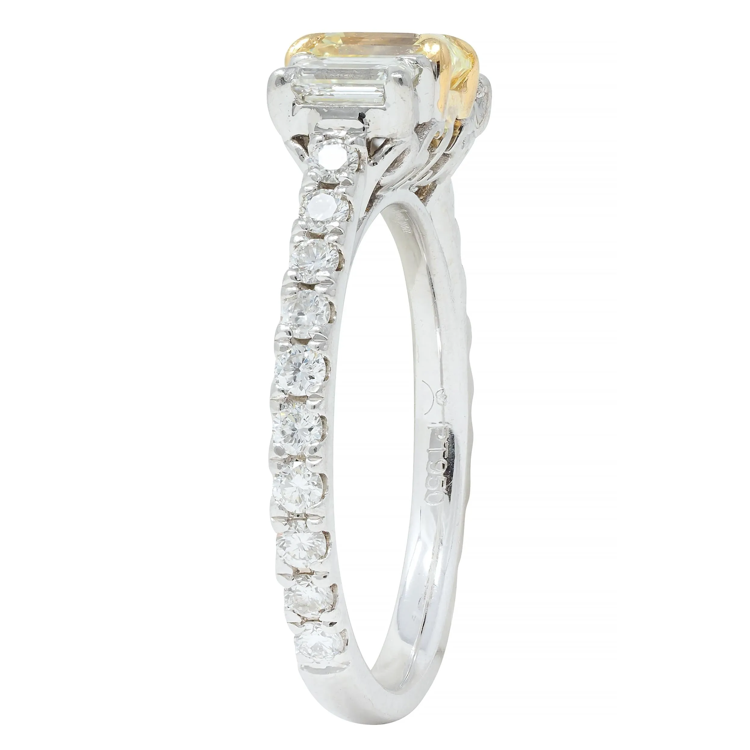 Contemporary Numerical 18K Platinum Fancy Yellow Emerald Cut Diamond Engagement Ring 1.61 CTW