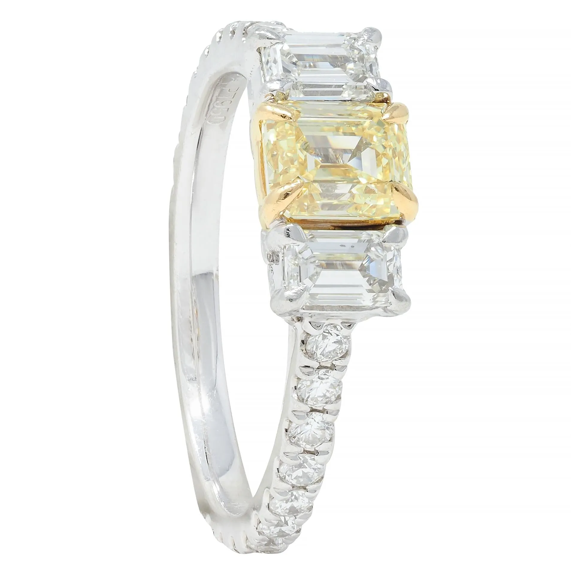 Contemporary Numerical 18K Platinum Fancy Yellow Emerald Cut Diamond Engagement Ring 1.61 CTW