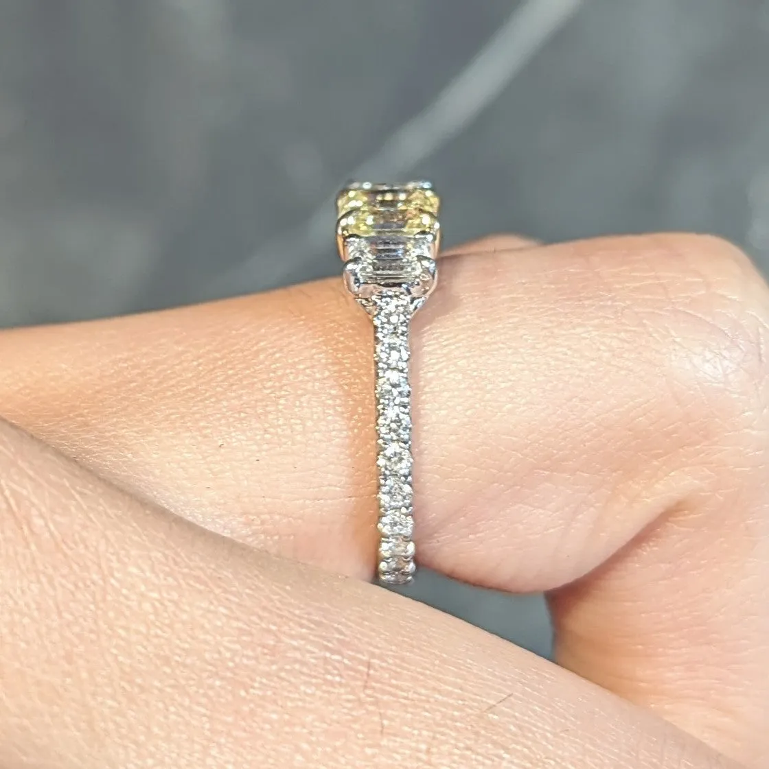 Contemporary Numerical 18K Platinum Fancy Yellow Emerald Cut Diamond Engagement Ring 1.61 CTW