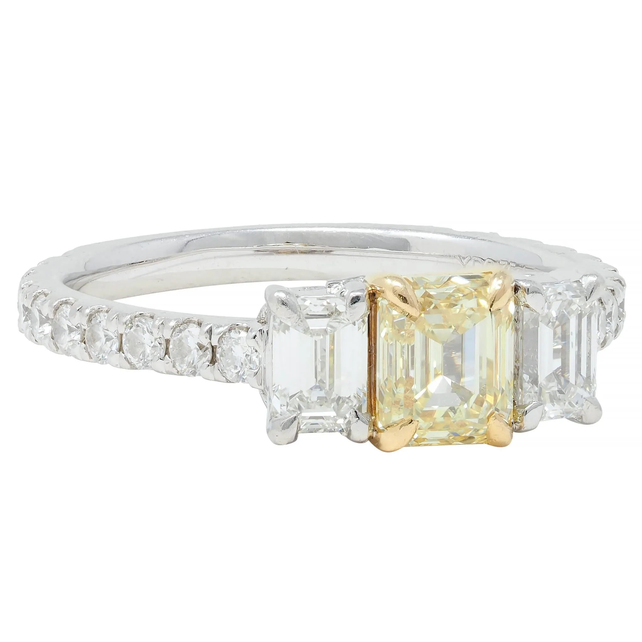 Contemporary Numerical 18K Platinum Fancy Yellow Emerald Cut Diamond Engagement Ring 1.61 CTW