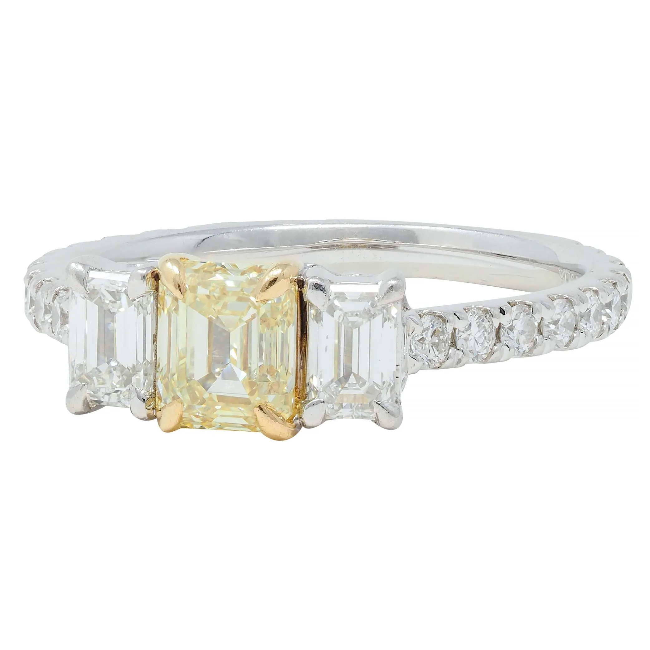 Contemporary Numerical 18K Platinum Fancy Yellow Emerald Cut Diamond Engagement Ring 1.61 CTW