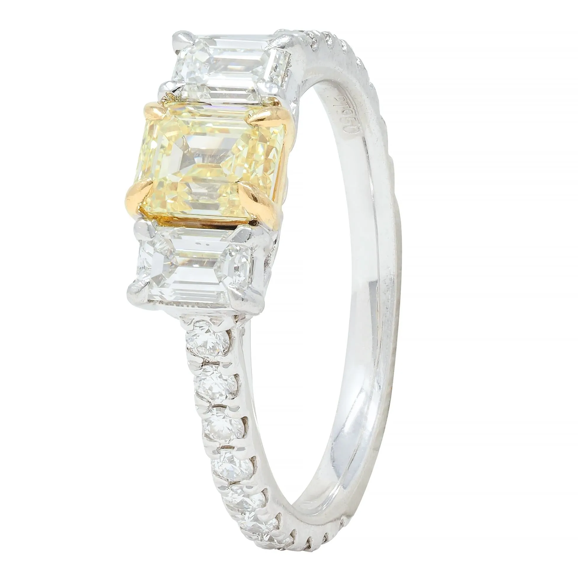 Contemporary Numerical 18K Platinum Fancy Yellow Emerald Cut Diamond Engagement Ring 1.61 CTW