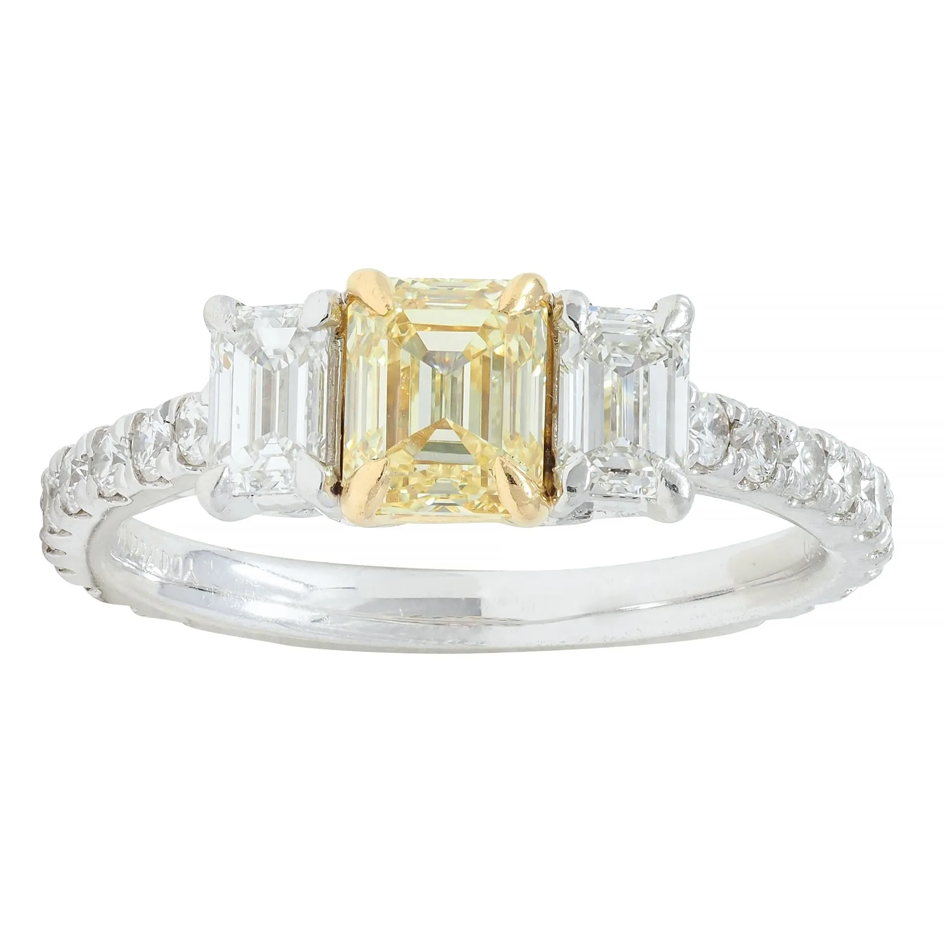 Contemporary Numerical 18K Platinum Fancy Yellow Emerald Cut Diamond Engagement Ring 1.61 CTW