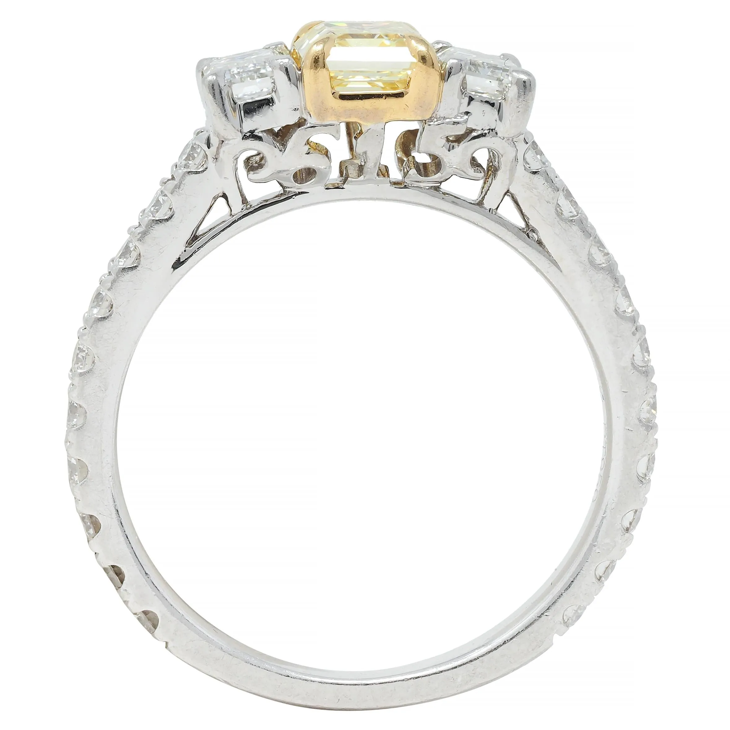 Contemporary Numerical 18K Platinum Fancy Yellow Emerald Cut Diamond Engagement Ring 1.61 CTW