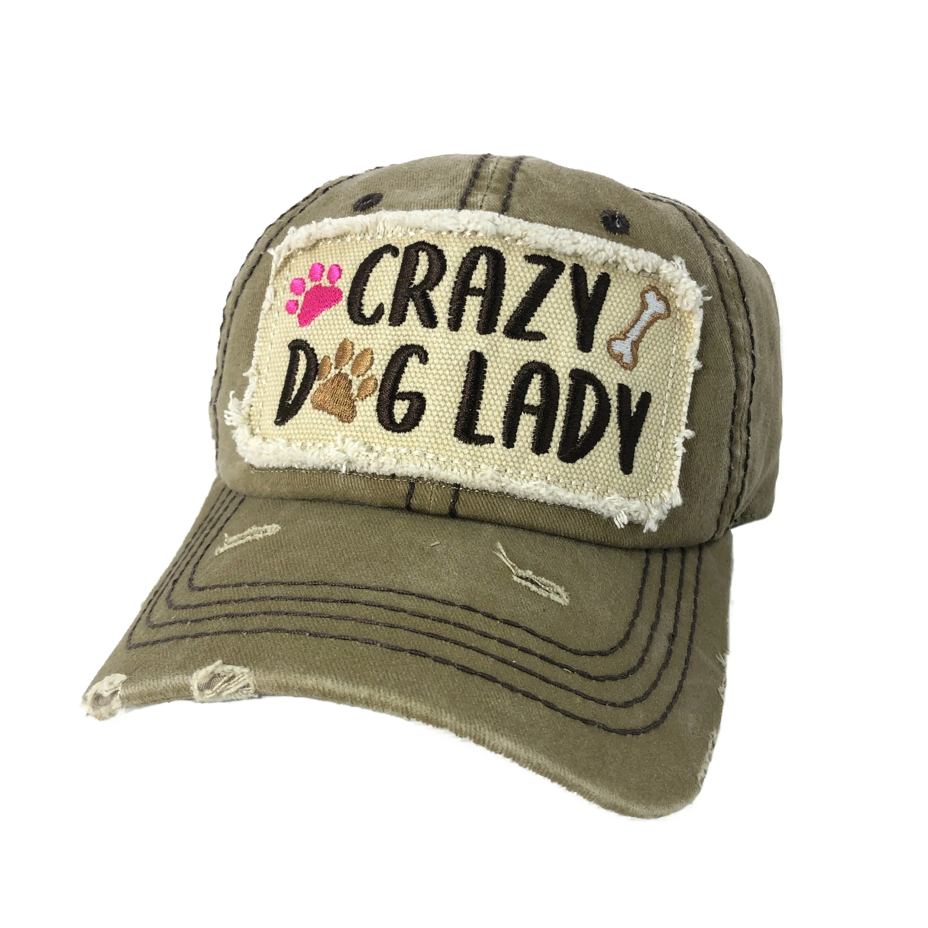 Khaki Washed Distressed Crazy Dog Lady Hat