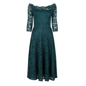 Vintage Style Emerald Green Lace Swing Dress with Boat Neck