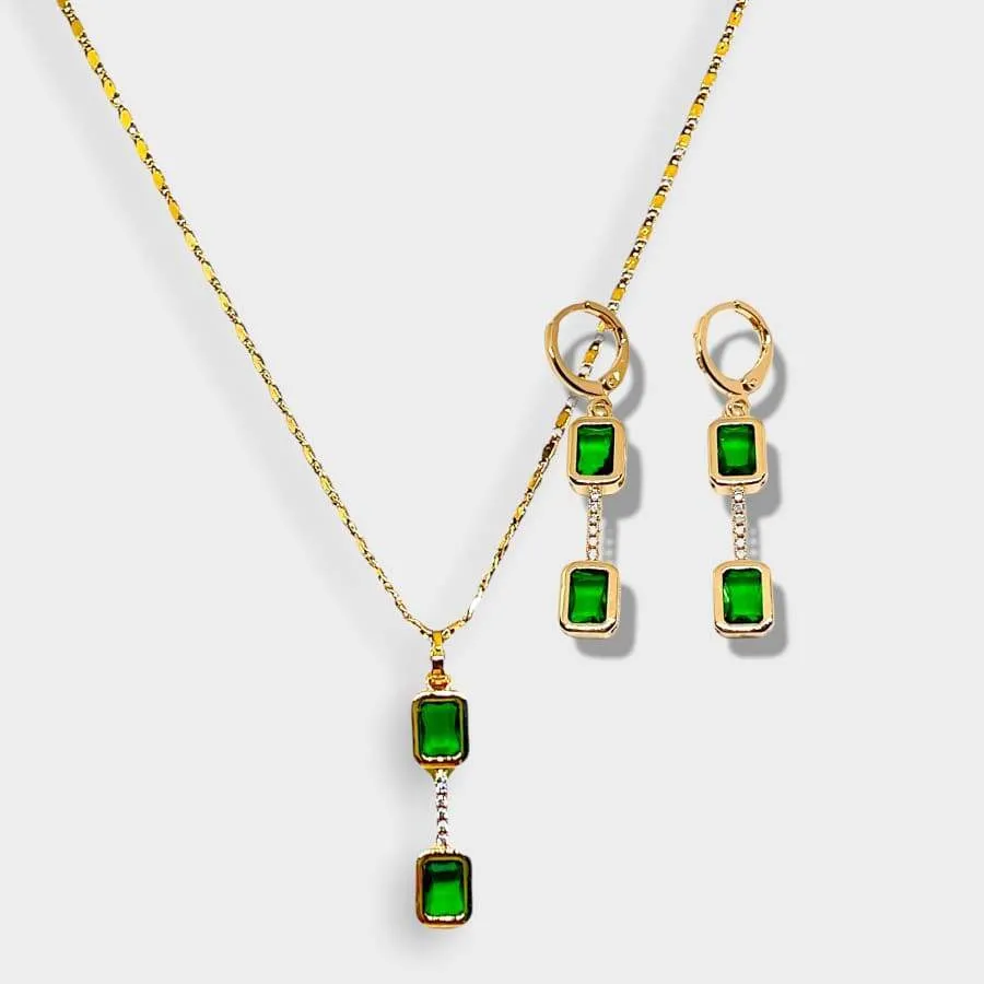 Esme Double Faux Emerald Square Earrings with 18k Gold Plating