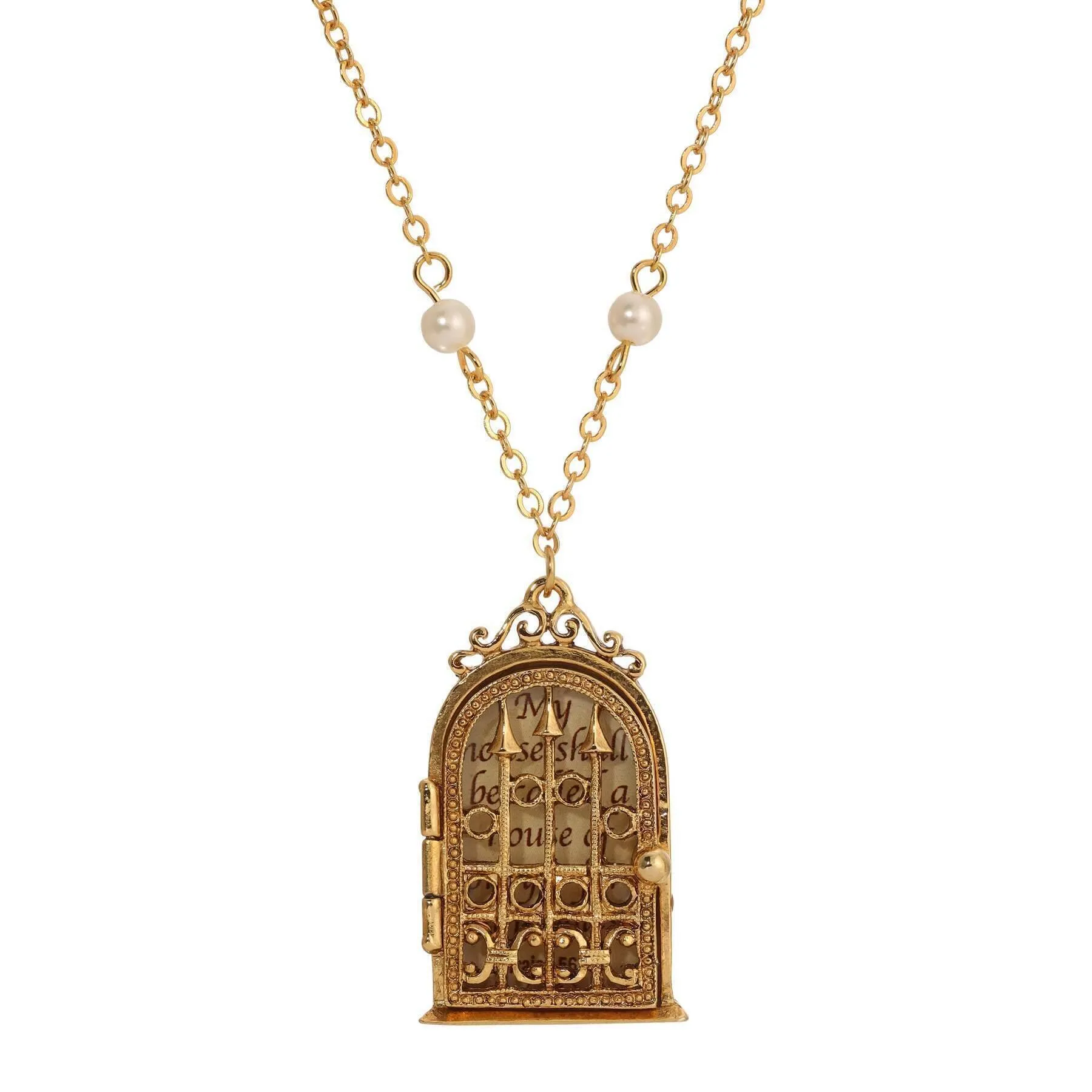 Symbols Of Faith Isaiah 56:7 Door Locket Necklace with Faux Pearls