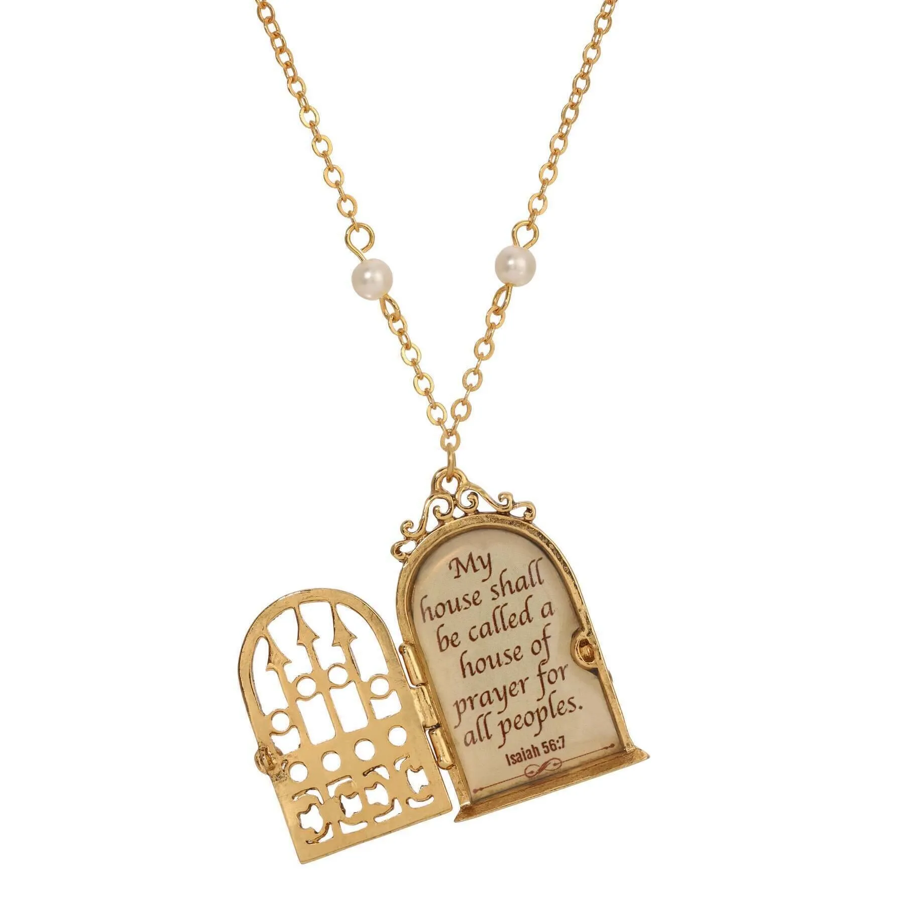 Symbols Of Faith Isaiah 56:7 Door Locket Necklace with Faux Pearls