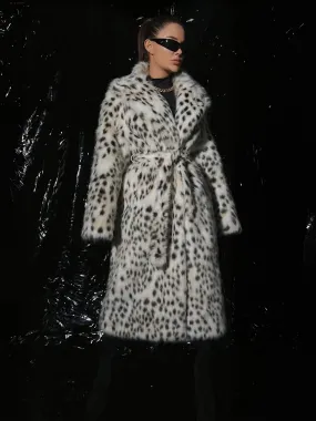 Faux Fur Coat White Raised Waist Leopard Print Lace-up Winter Coat