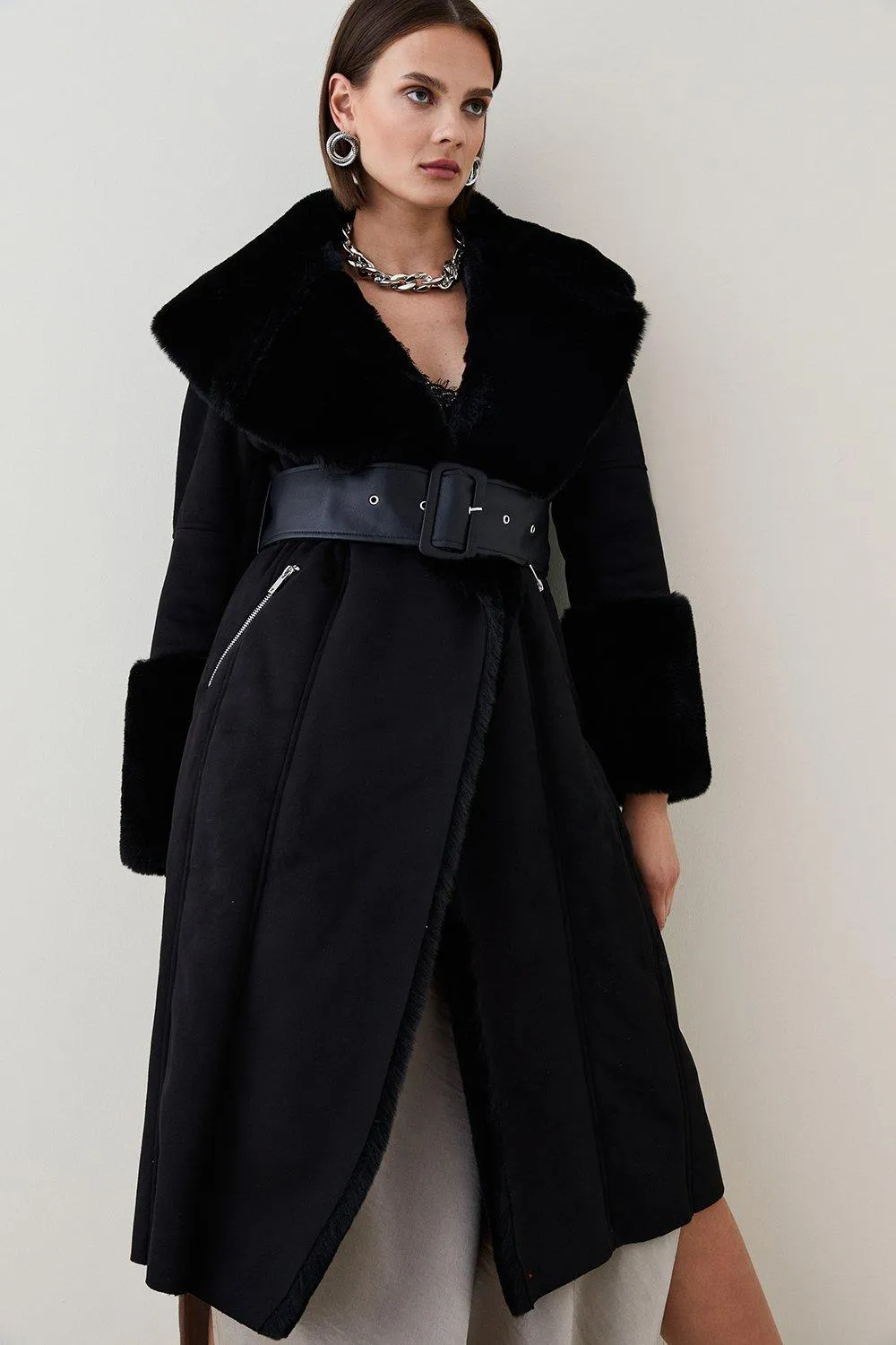 Karen Millen’s Long Belted Coat with Faux Shearling