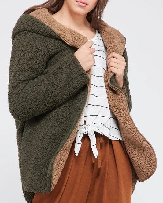 Reversible Open Front Sherpa Hoodie Olive Mocha