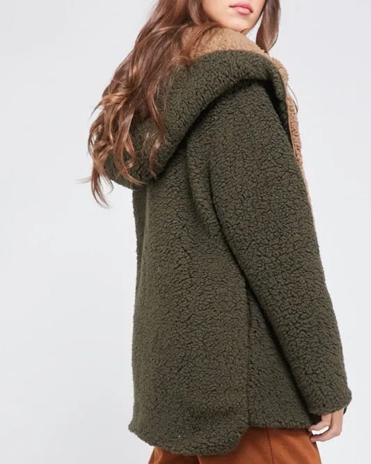 Reversible Open Front Sherpa Hoodie Olive Mocha