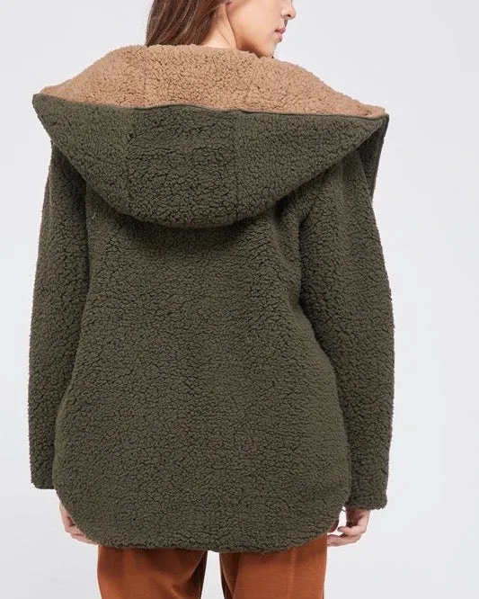 Reversible Open Front Sherpa Hoodie Olive Mocha