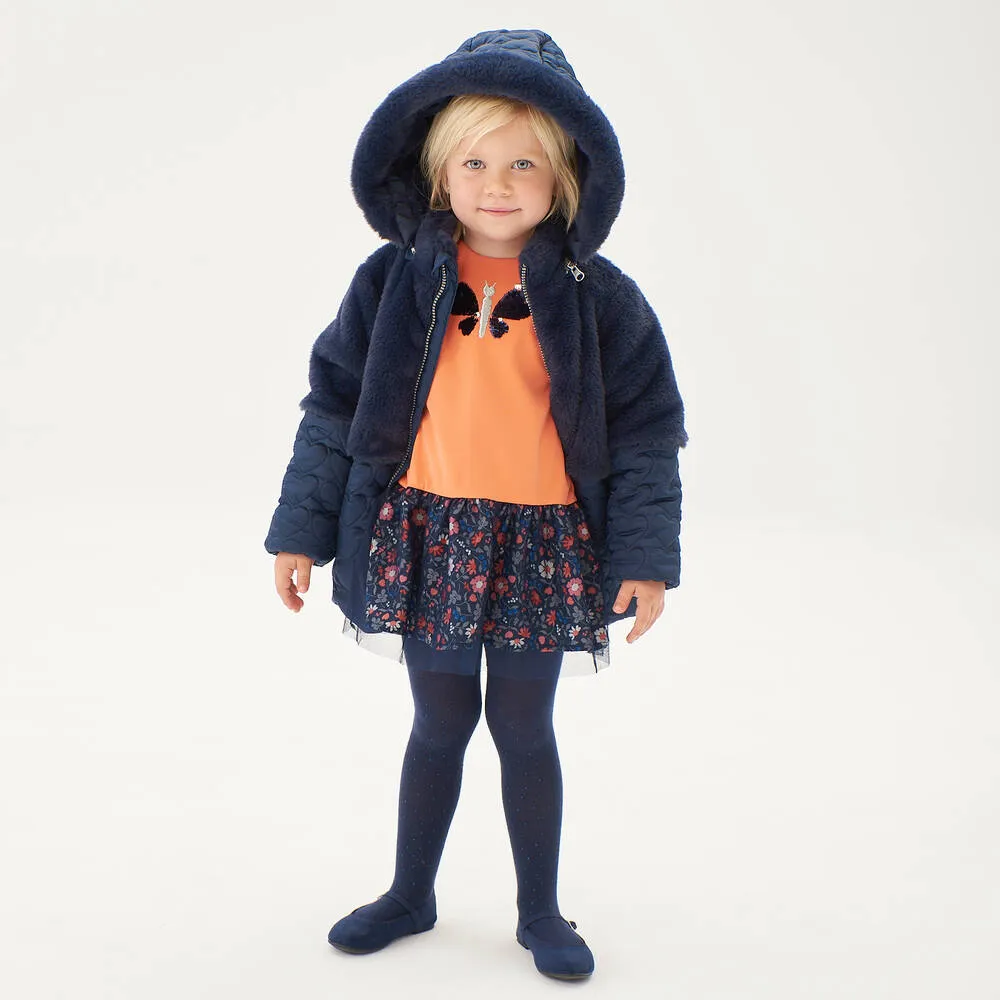 Navy Blue Quilted Faux Fur Coat