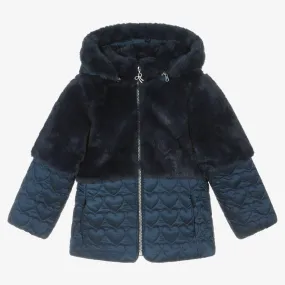 Navy Blue Quilted Faux Fur Coat