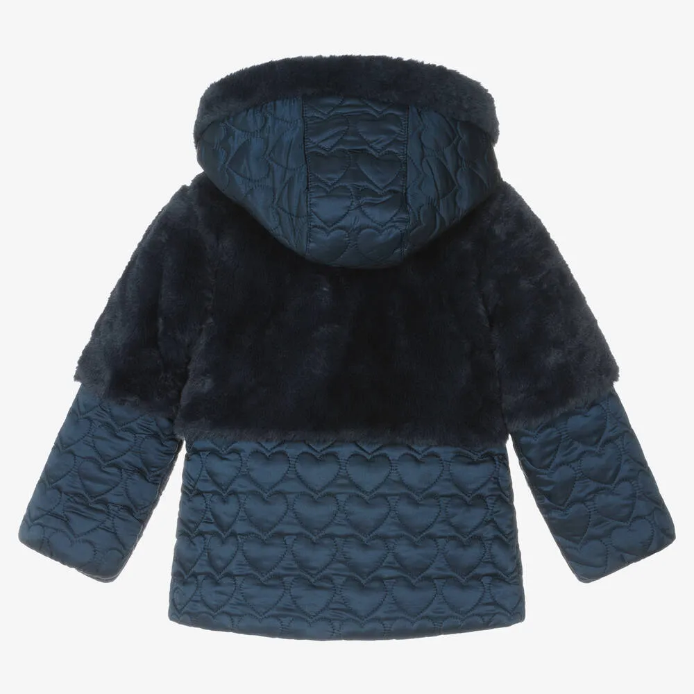 Navy Blue Quilted Faux Fur Coat