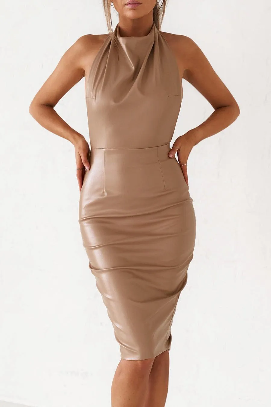 Matte Tan Backless Midi Dress